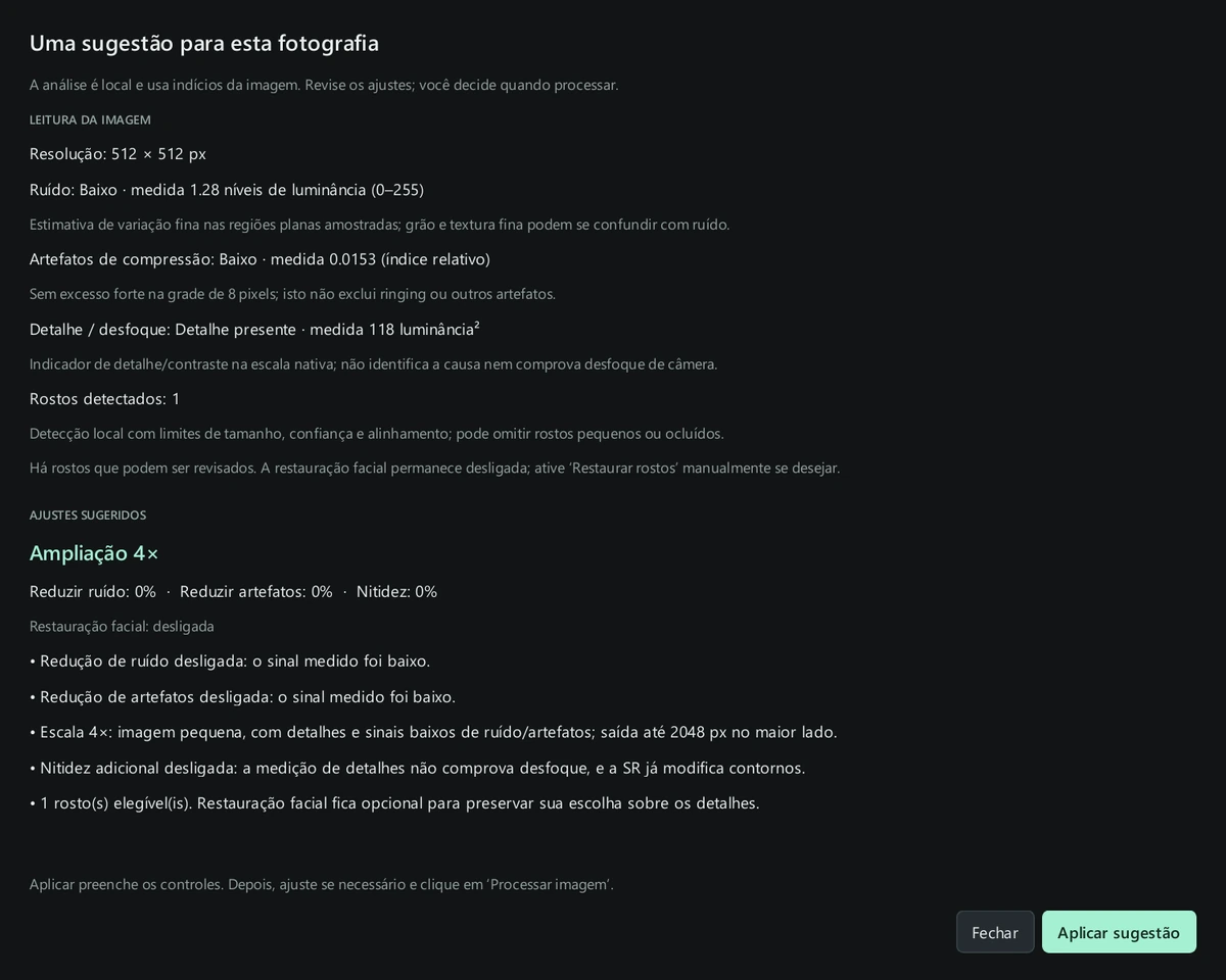Janela de revisão de ajustes com resolução, medições de ruído e compressão, indicador de detalhe, rostos detectados e ajustes sugeridos.