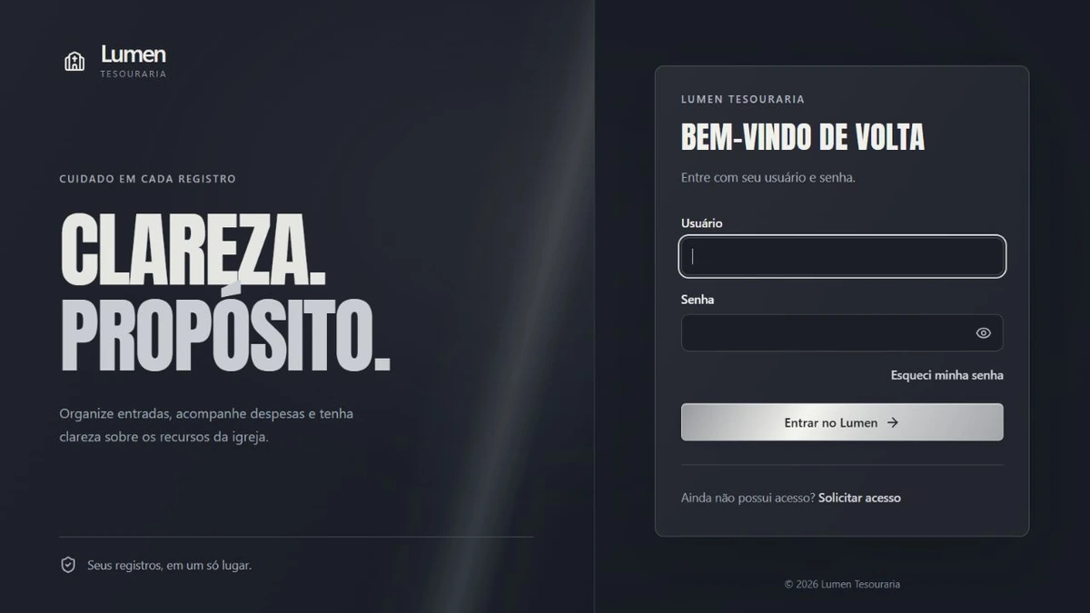 Tela de login do Lumen com fundo grafite, título em letras condensadas e detalhes prateados.