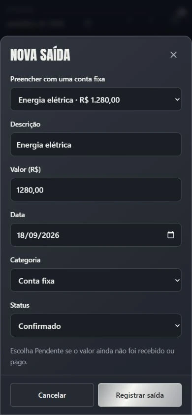 Formulário Nova saída no celular preenchido a partir da conta fixa Energia elétrica, com os botões Cancelar e Registrar saída na parte inferior.