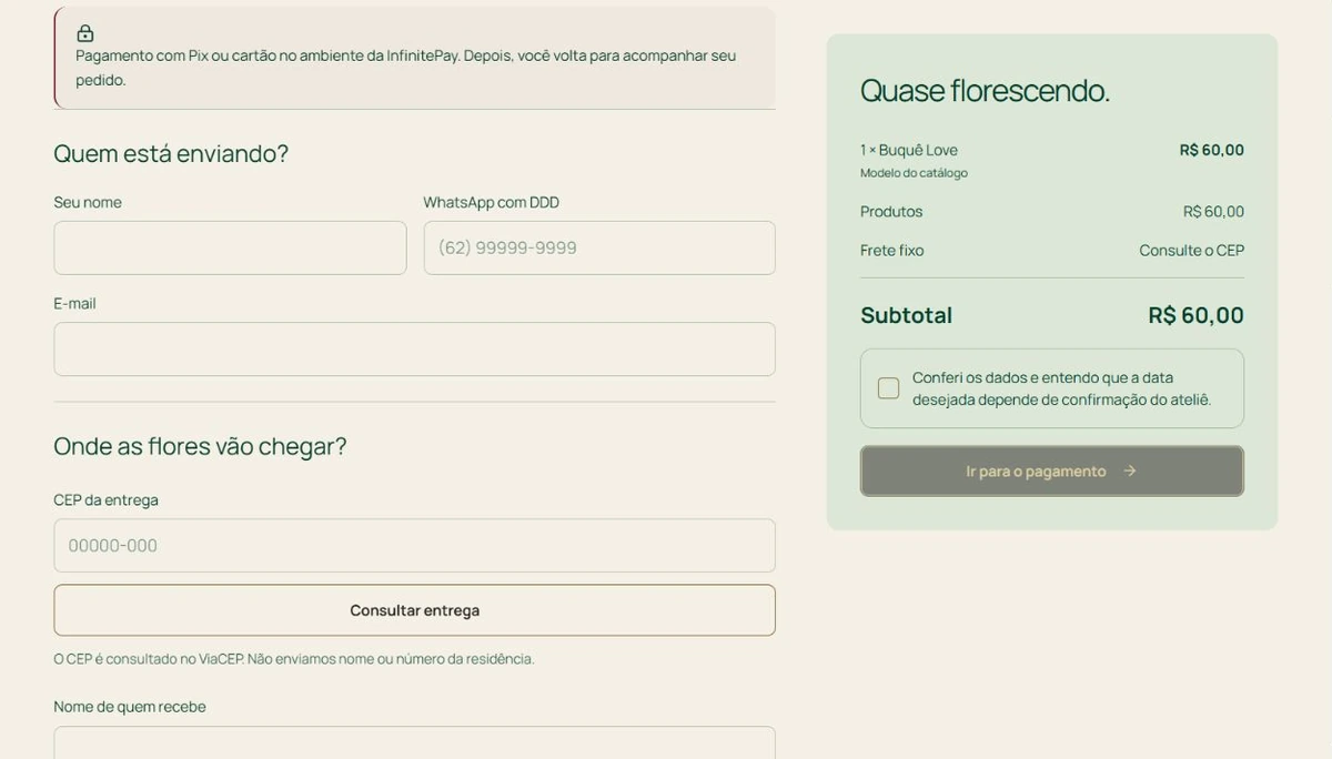 Formulário de checkout com campos de entrega em branco e resumo da compra.