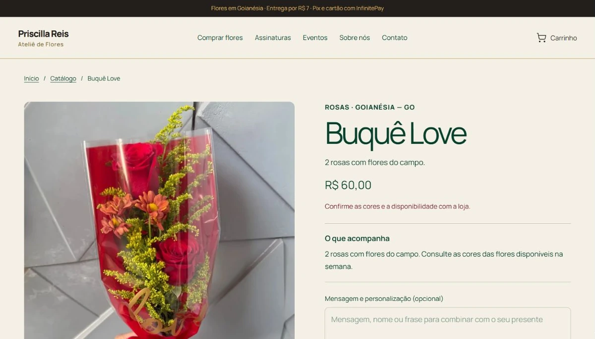 Página do Buquê Love com fotografia, descrição e preço.