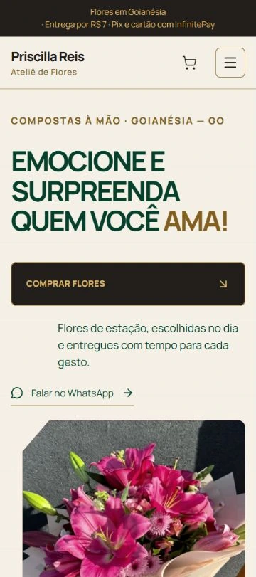 Abertura da loja no celular, com o título em verde e o botão Comprar flores.