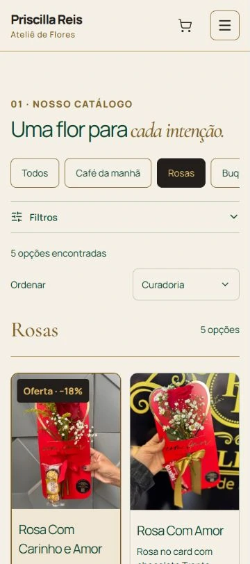 Catálogo da loja no celular, com categorias em carrossel, filtros e os primeiros produtos.