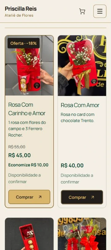Cartões de produtos no celular com preços, preço promocional e botões de compra.