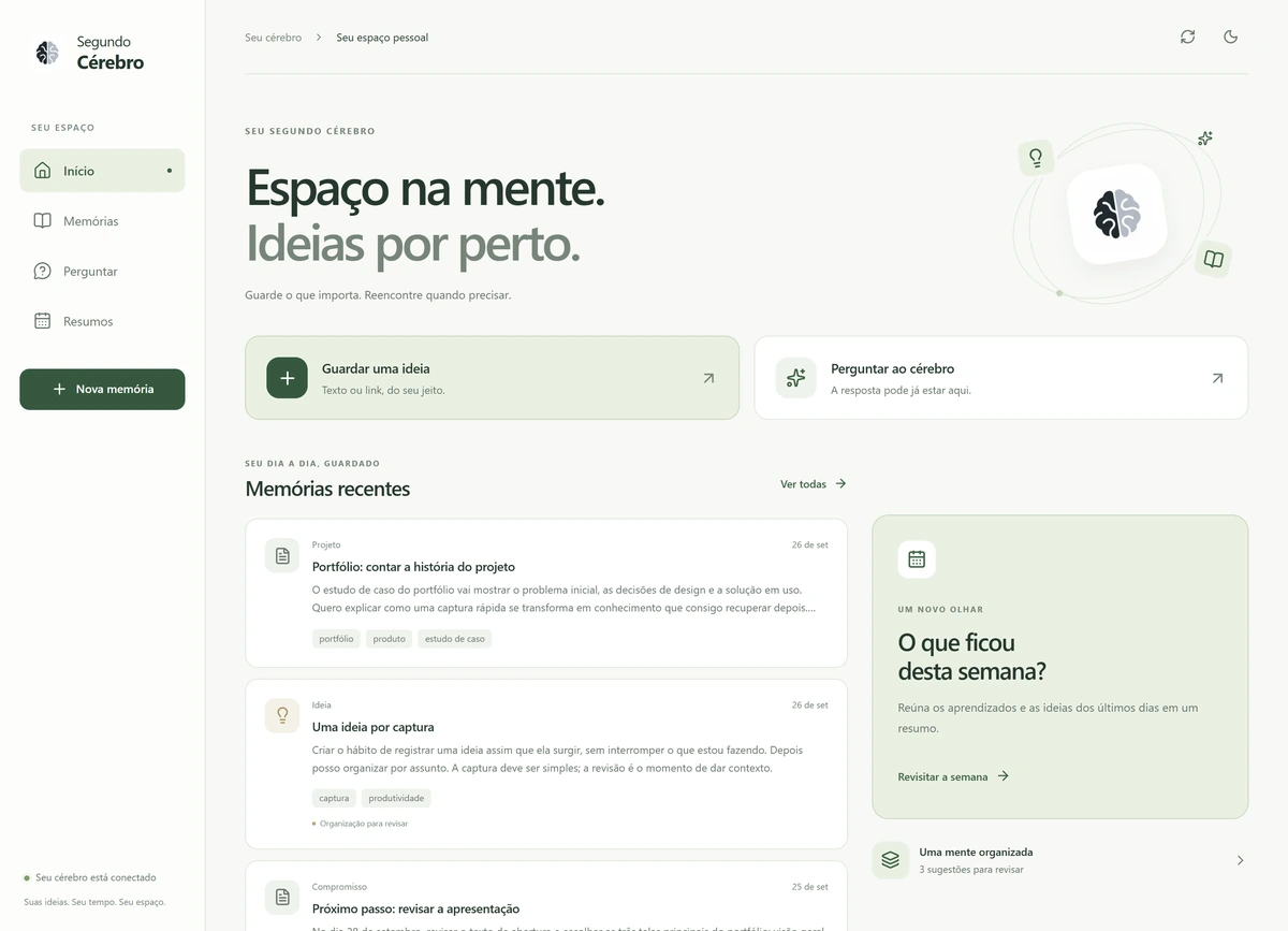 Tela inicial do Segundo Cérebro no computador, com o título “Espaço na mente. Ideias por perto.”, atalhos para guardar uma ideia e a lista de memórias recentes.