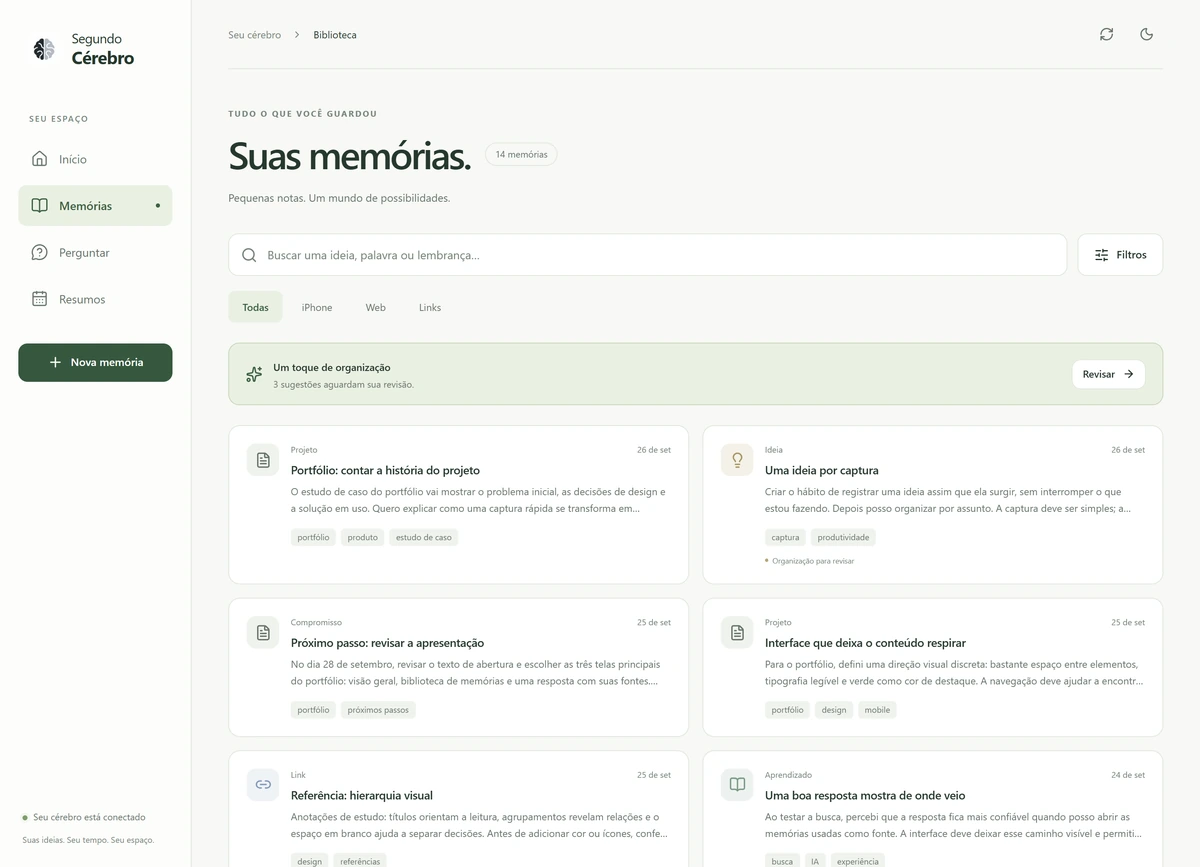 Biblioteca “Suas memórias.” no computador, com busca, filtros por origem e cartões de memórias com etiquetas.