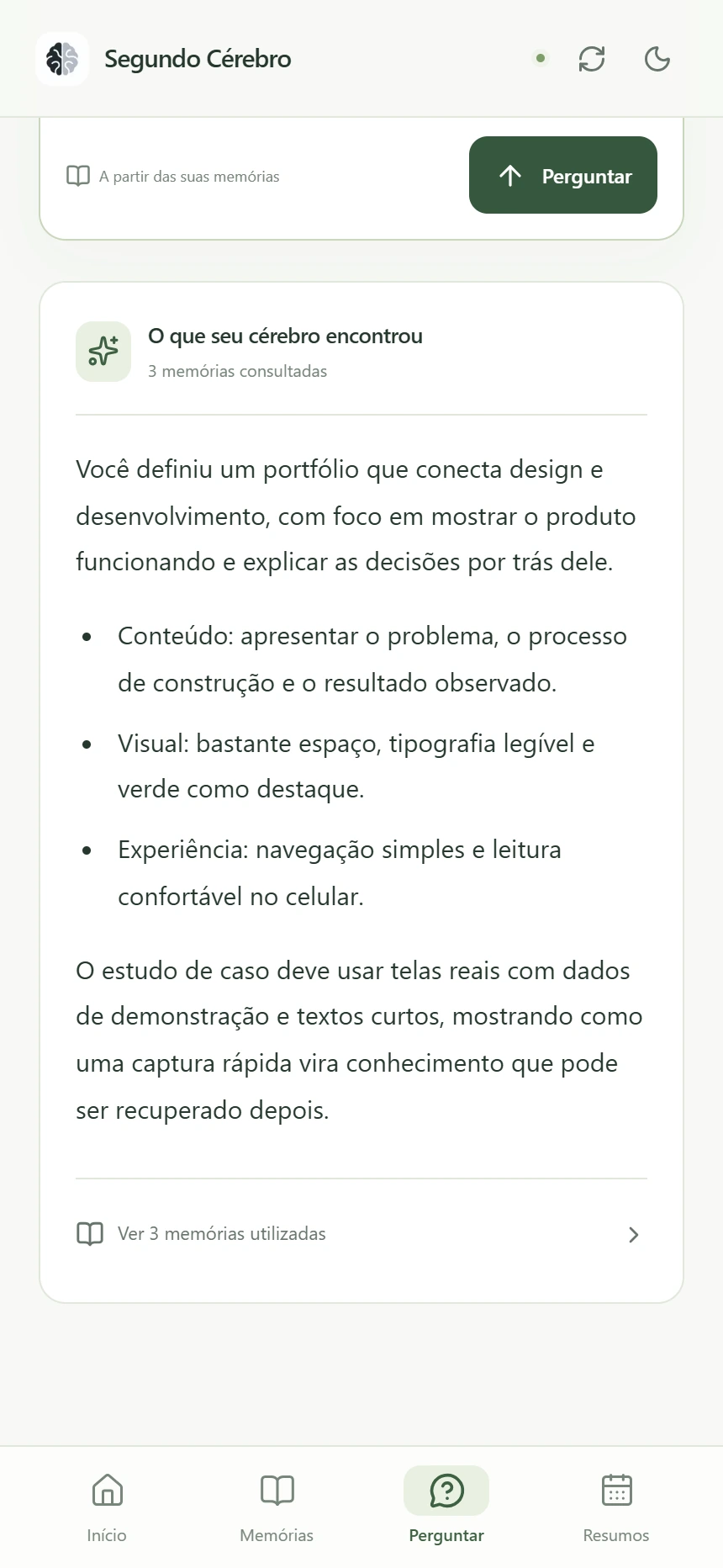 Resposta no celular organizada em tópicos, com o acesso às memórias utilizadas logo abaixo.